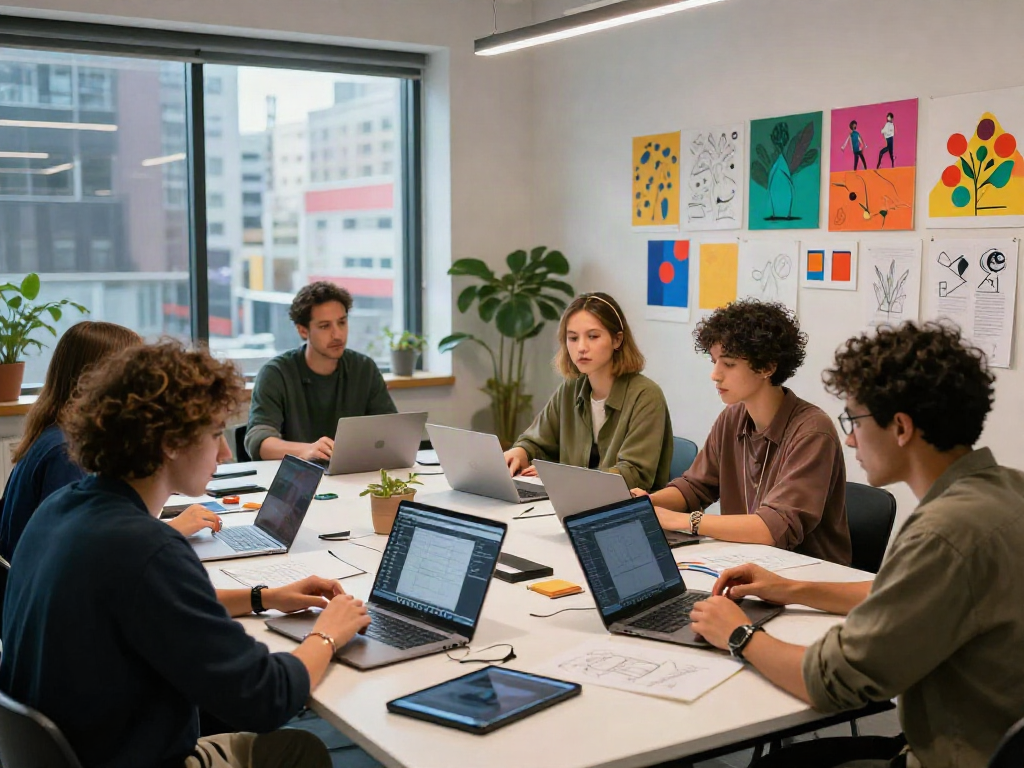 Creative workspace for NSFW AI content creators with laptops and vibrant designs.