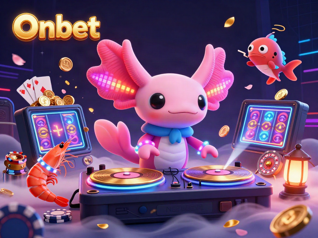 Onbet promotes fun with a dynamic 3D casino scene featuring a lively axolotl DJ surrounded by gaming elements.