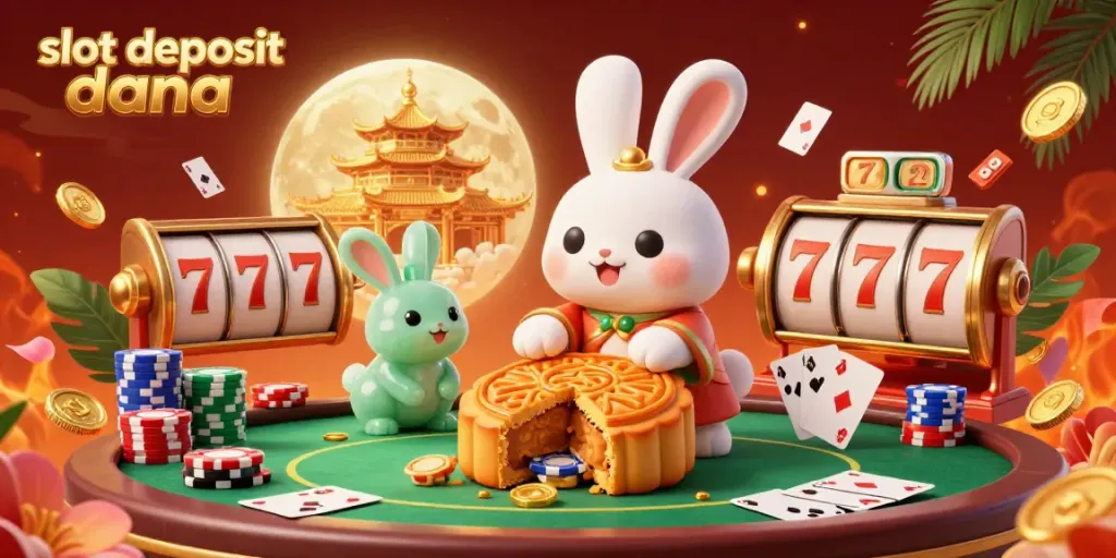 Engage with the vibrant slot deposit dana gaming scene featuring a moon rabbit, slot reels, and poker chips.