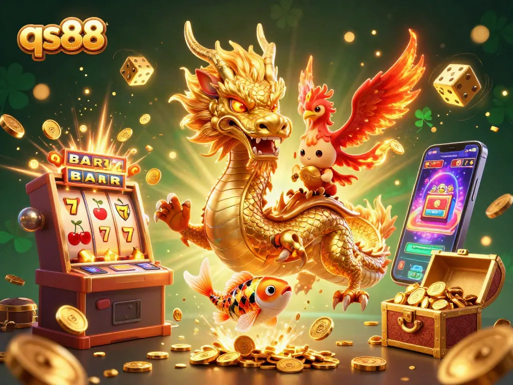 Engage with qs88's vibrant casino scene featuring slots, dragons, and luminous treasures.