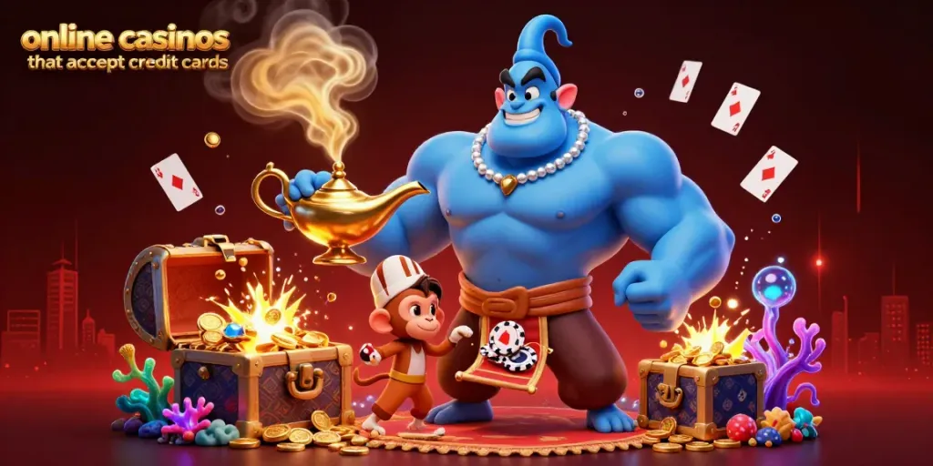 Enticing scene of a genie and monkey celebrating at online casinos that accept credit cards with vibrant gems and poker chips.