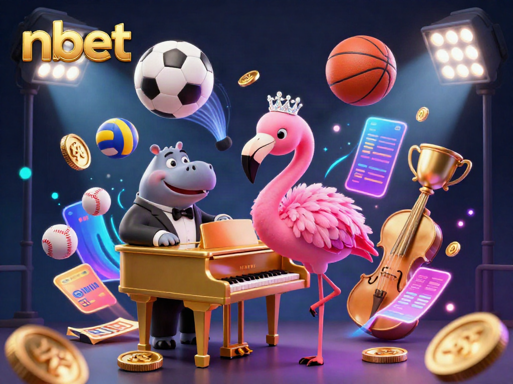 Experience exhilarating action at nbet casino with a vibrant scene of a flamingo singer and hippo bassist amidst dynamic sports elements.