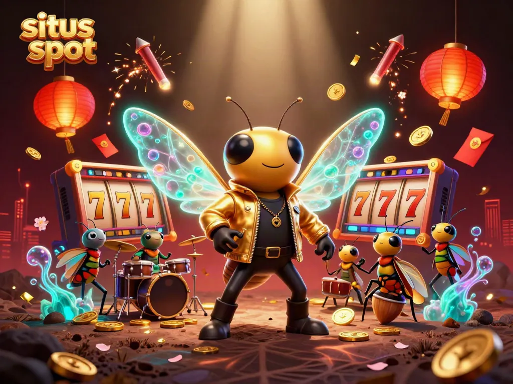 Situs slot showcases a vibrant scene with a cicada rock star and captivating casino elements, embodying excitement.