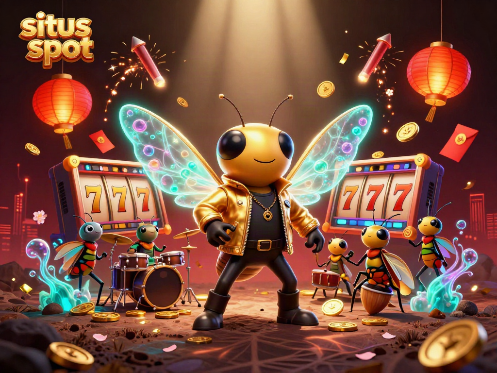 Situs slot showcases a vibrant scene with a cicada rock star and captivating casino elements, embodying excitement.