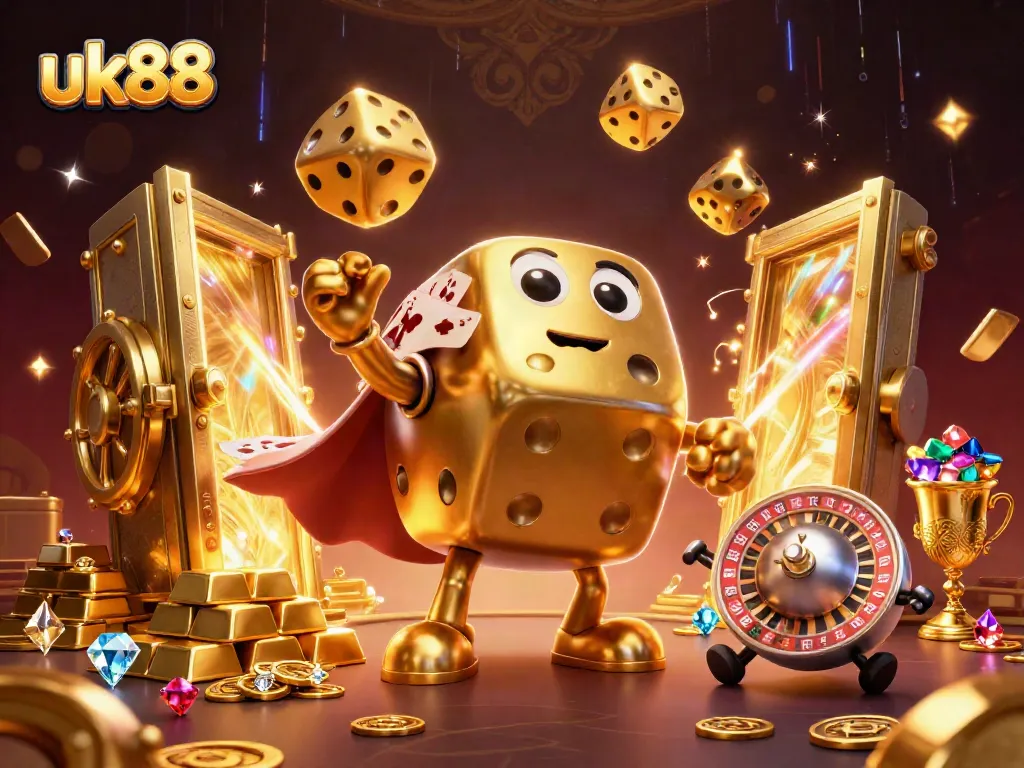 Experience the thrilling ambiance of uk88 with a vibrant casino scene featuring golden dice and treasures.