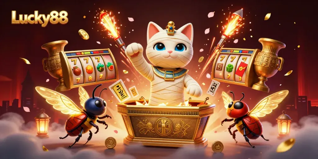 Play slots and win with Lucky88 in a vibrant 3D casino scene featuring captivating characters.