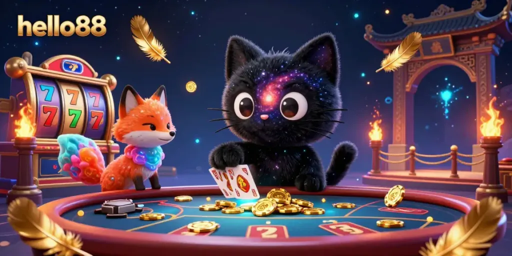 Experience the thrill of hello88 with a vibrant cosmic casino scene featuring a black hole cat and nebula fox.
