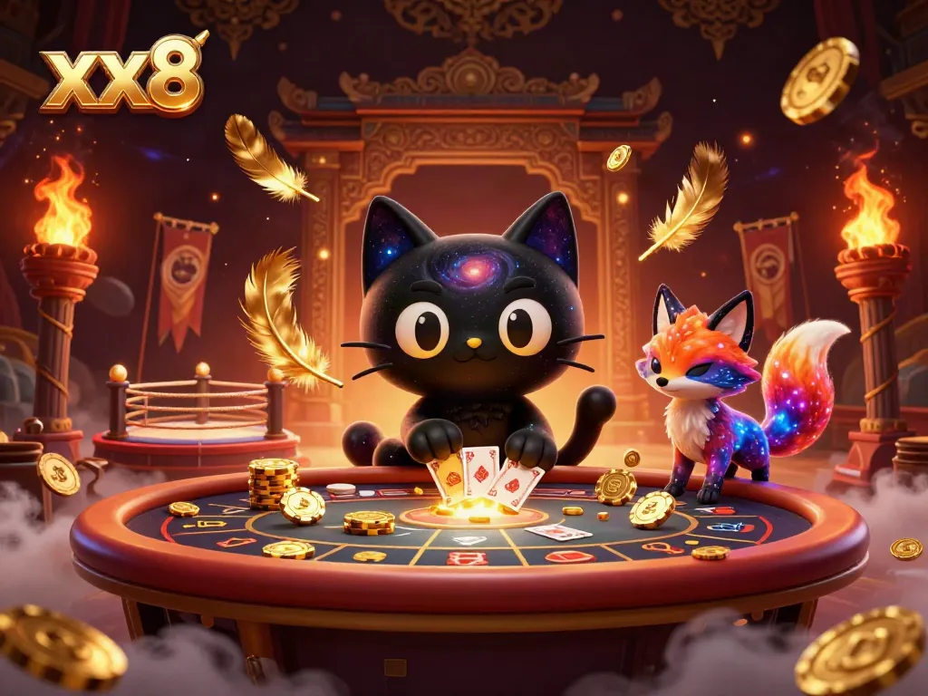 Experience xx8's dynamic cosmic casino with a black hole cat and nebula fox, captivating players.