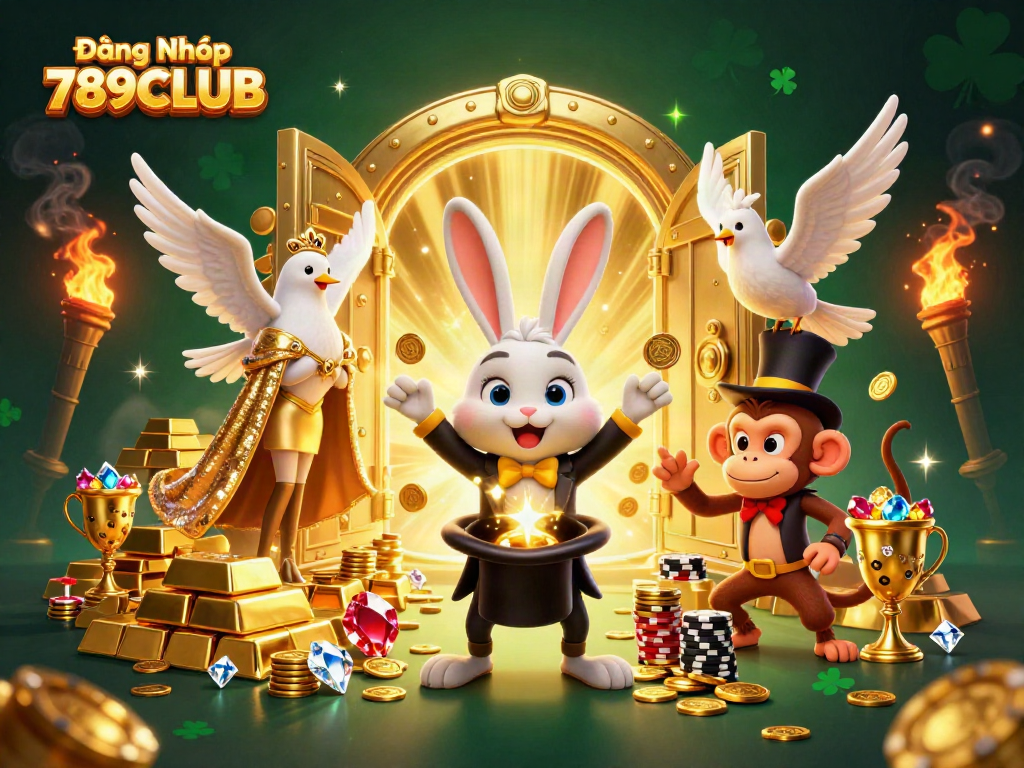 Engage in thrilling gameplay with Đăng Nhập 789CLUB, featuring a magical scene of a rabbit, dove, and monkey among treasure.