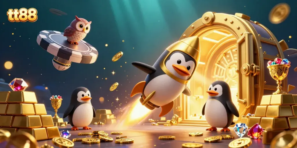 Experience winning thrills at tt88 with a golden penguin amidst treasures in a vibrant casino space.