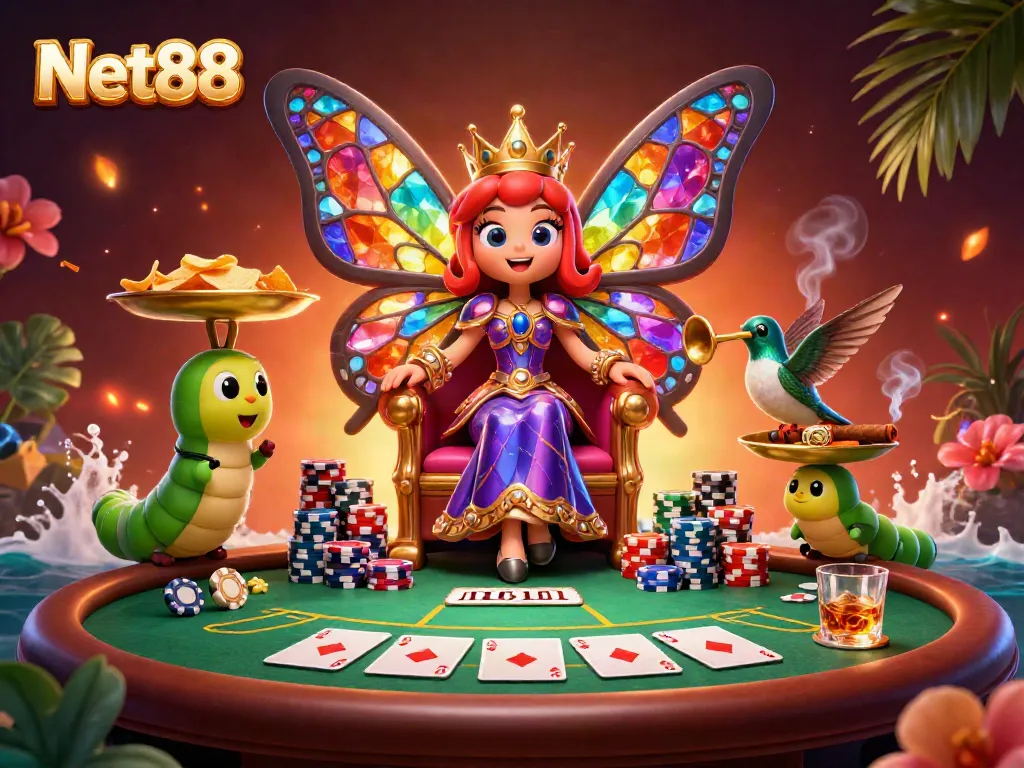 Engage in thrilling Net88 gaming with a vibrant 3D illustration featuring poker action and casino elements.