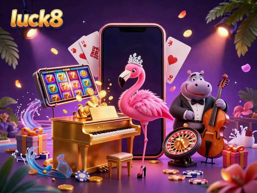 Experience the excitement of luck8 in a vibrant 3D casino scene featuring a singing flamingo and a hippo bassist.