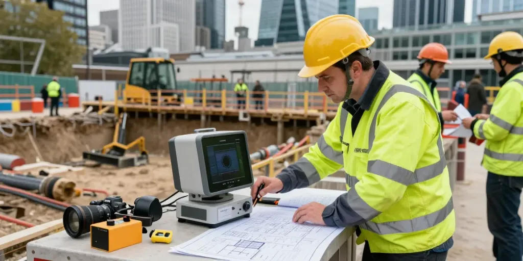 GPR Surveys London: Professional conducting Ground Penetrating Radar survey at urban construction site.