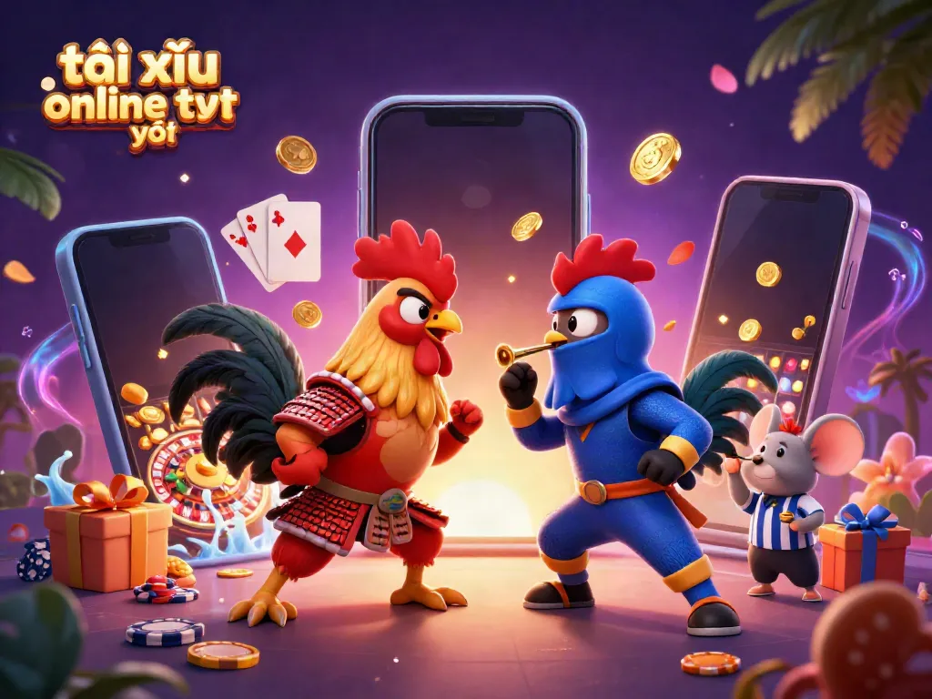 Experience the excitement with tài xỉu online uy tín as fighting roosters battle in a vibrant casino scene.