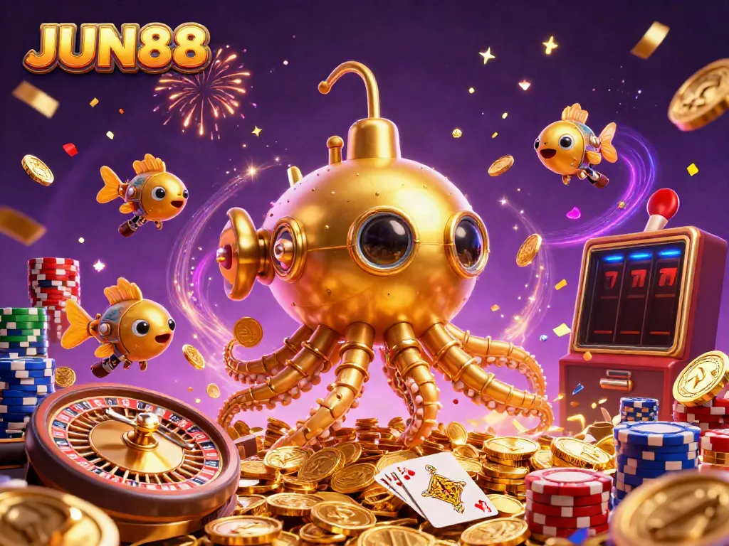 Experience thrilling online gaming with JUN88, featuring a golden kraken submarine amidst dynamic casino elements.