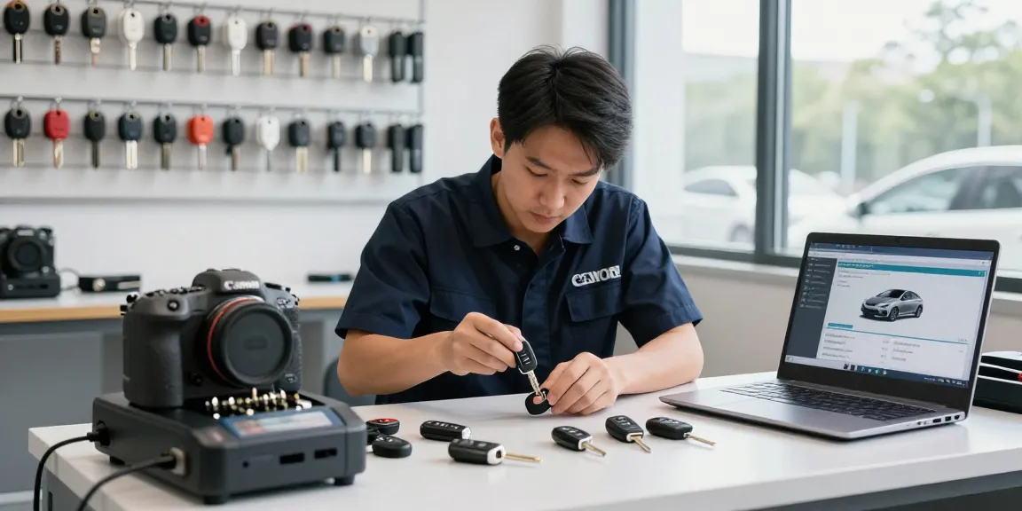 Expert automotive locksmith programming a car key replacement in Raleigh workshop.