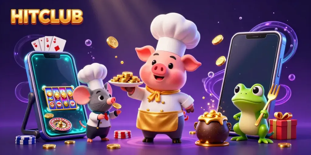 Experience HITCLUB with a chef pig serving gold coins, showcasing thrilling casino action and excitement.
