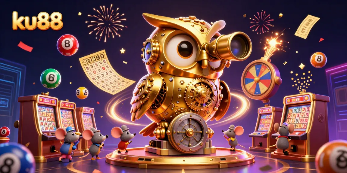 Experience excitement with ku88 as a clockwork owl oversees a vibrant casino scene filled with action and fun.