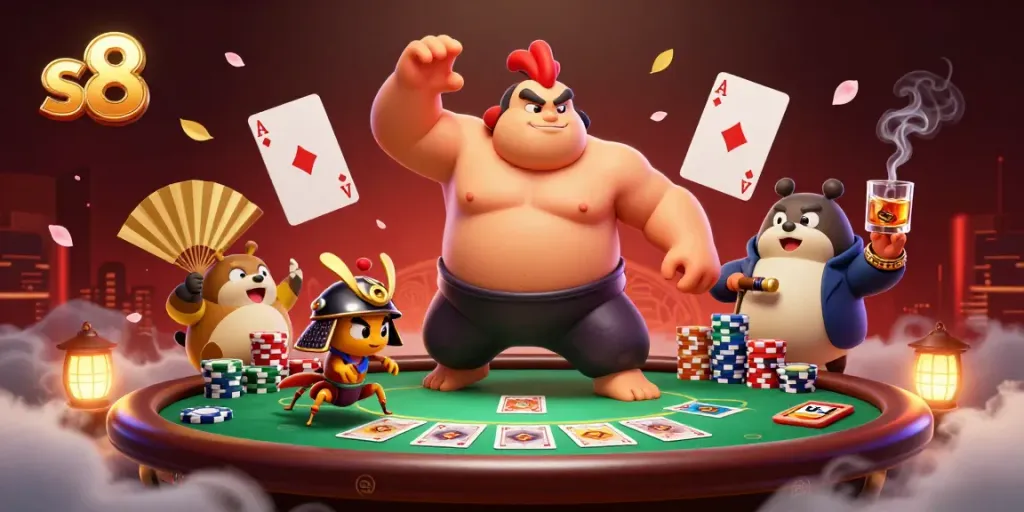 S8 casino illustration featuring sumo wrestler, samurai cricket, and poker scene for gamblers.