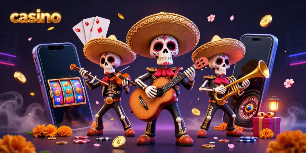 A vibrant casino scene featuring a mariachi band of colorful skeletons playing music amid gaming elements.