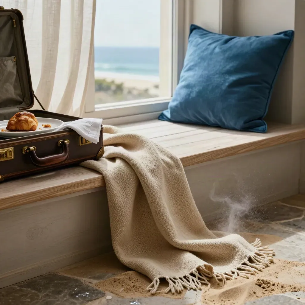 Open suitcase, breakfast tray and windblown curtains in a coastal hotel room by the sea.