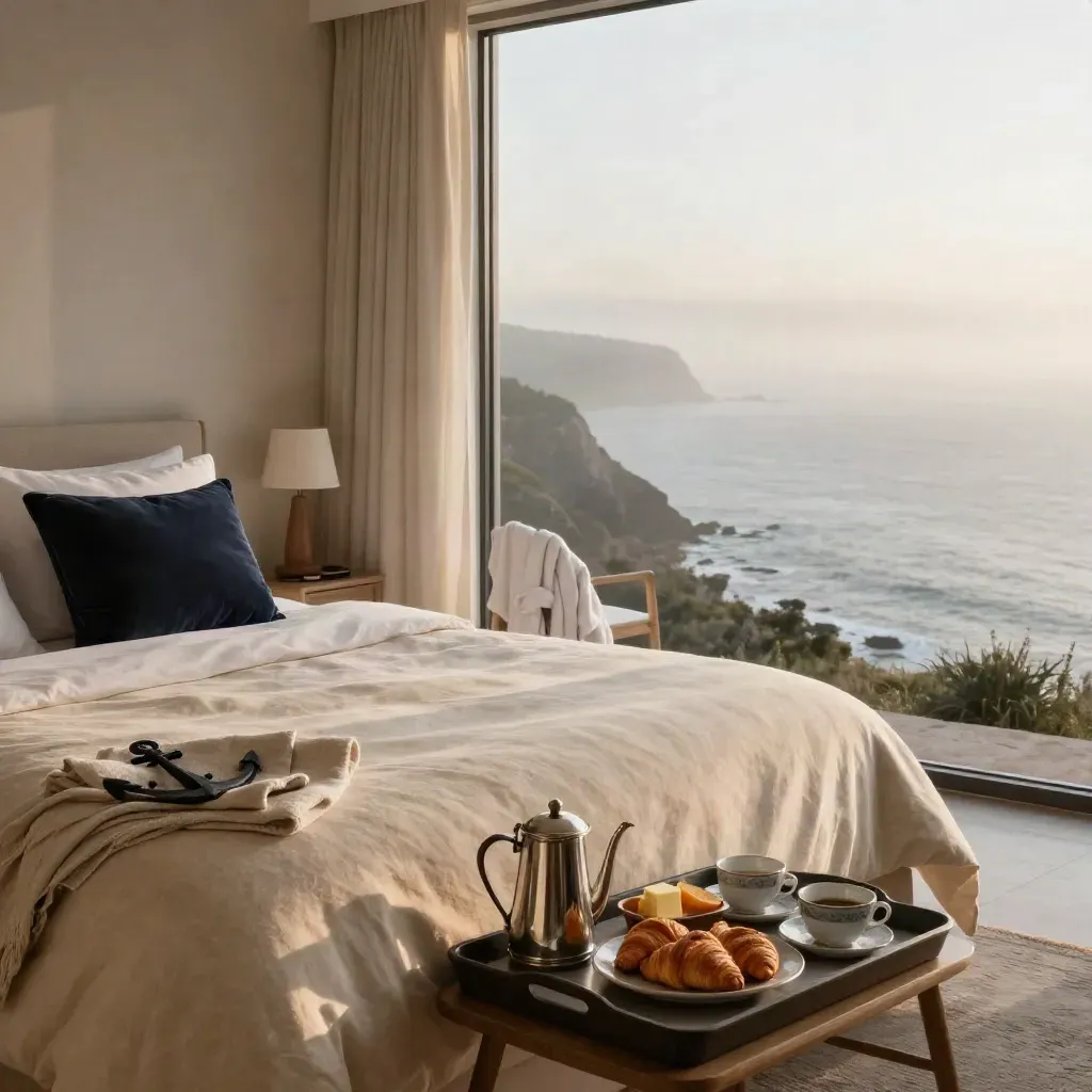 Luxury clifftop sea-view hotel room at dawn with breakfast tray and billowing curtains.