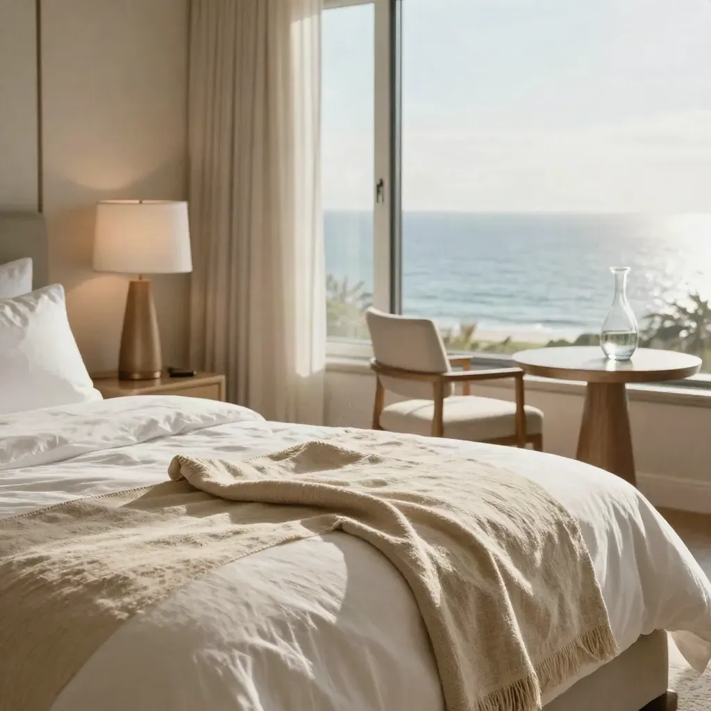 Sea-view king room with white bedding, linen throw, lamp, chair and carafe in warm afternoon light