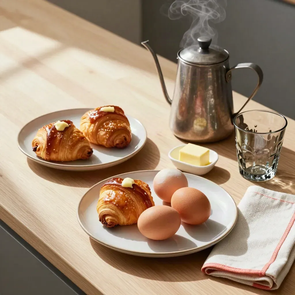 Overhead brunch flatlay with pastries, eggs, coffee pot, napkin, butter dish and sea-glass tumbler.