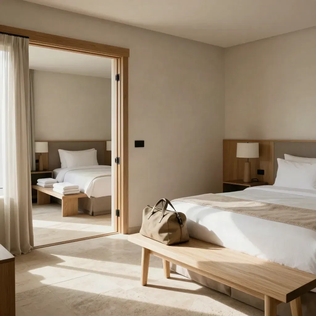 Family suite with king bed, twin alcove, towels and travel bag in warm coastal daylight