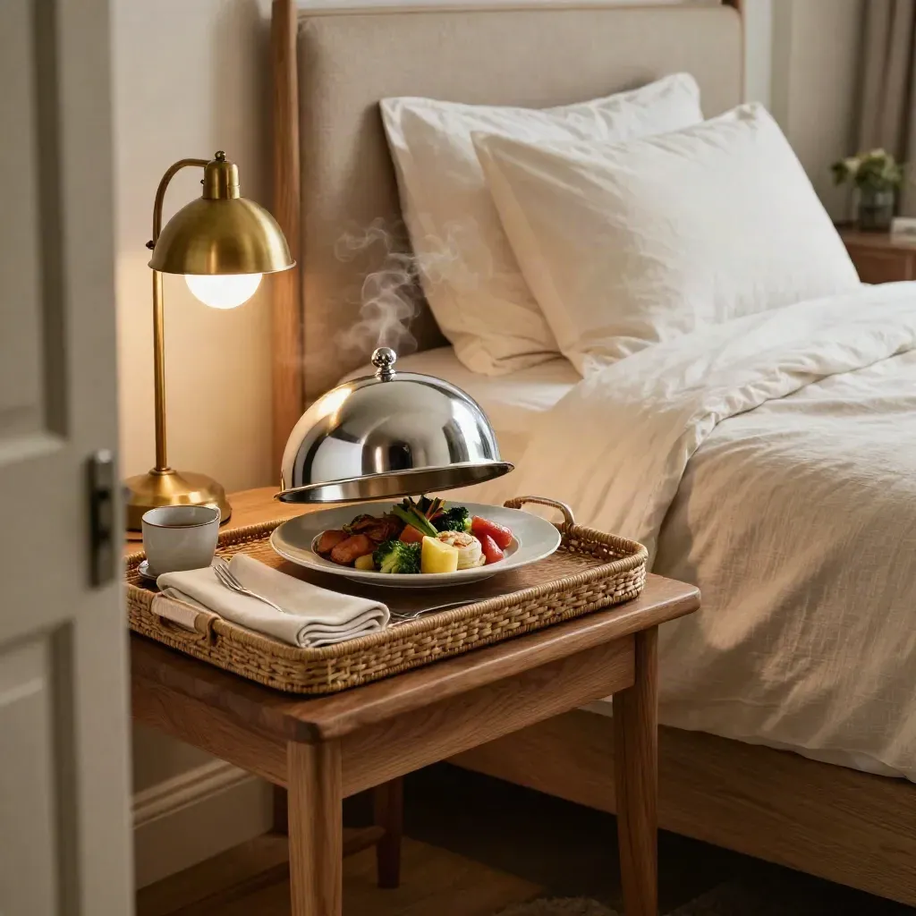 Dinner-bed package scene with cloche, breakfast tray, unmade bed and warm lamp glow.
