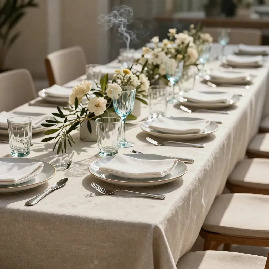 Linen-draped event table with plates, tumblers, floral centrepiece and candle smoke