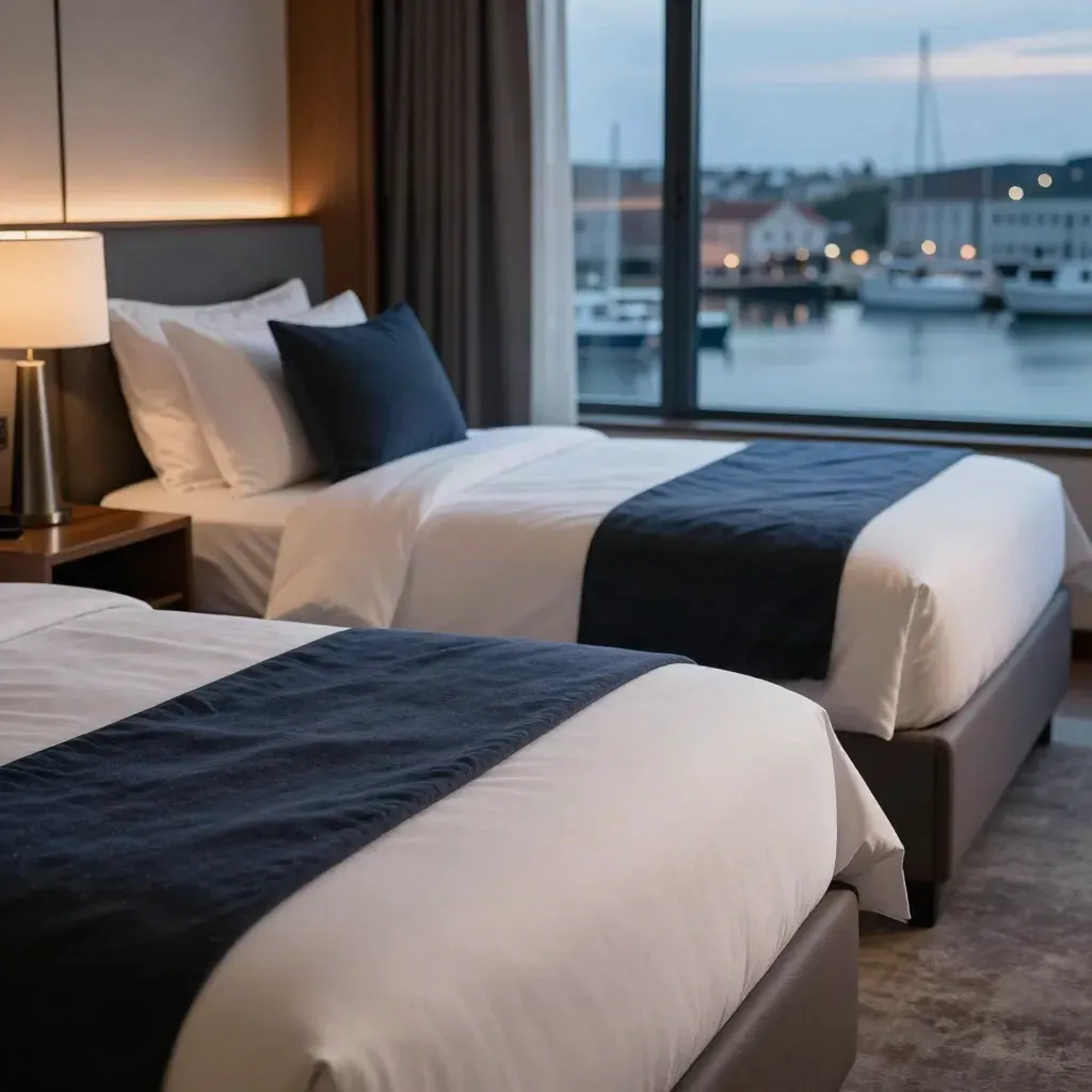Luxury harbour twin room with two made beds, navy throws, and dusk light through the window.