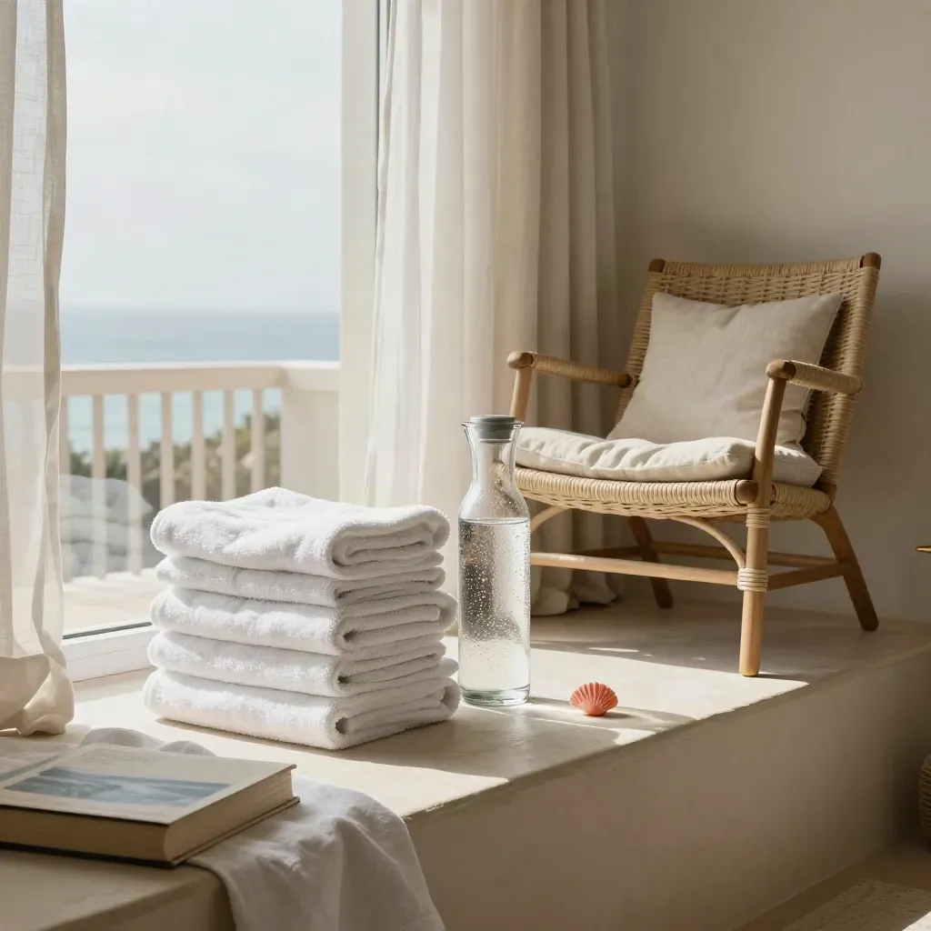 Luxury seaside room details: towels, carafe, balcony chair and closed book by the window.