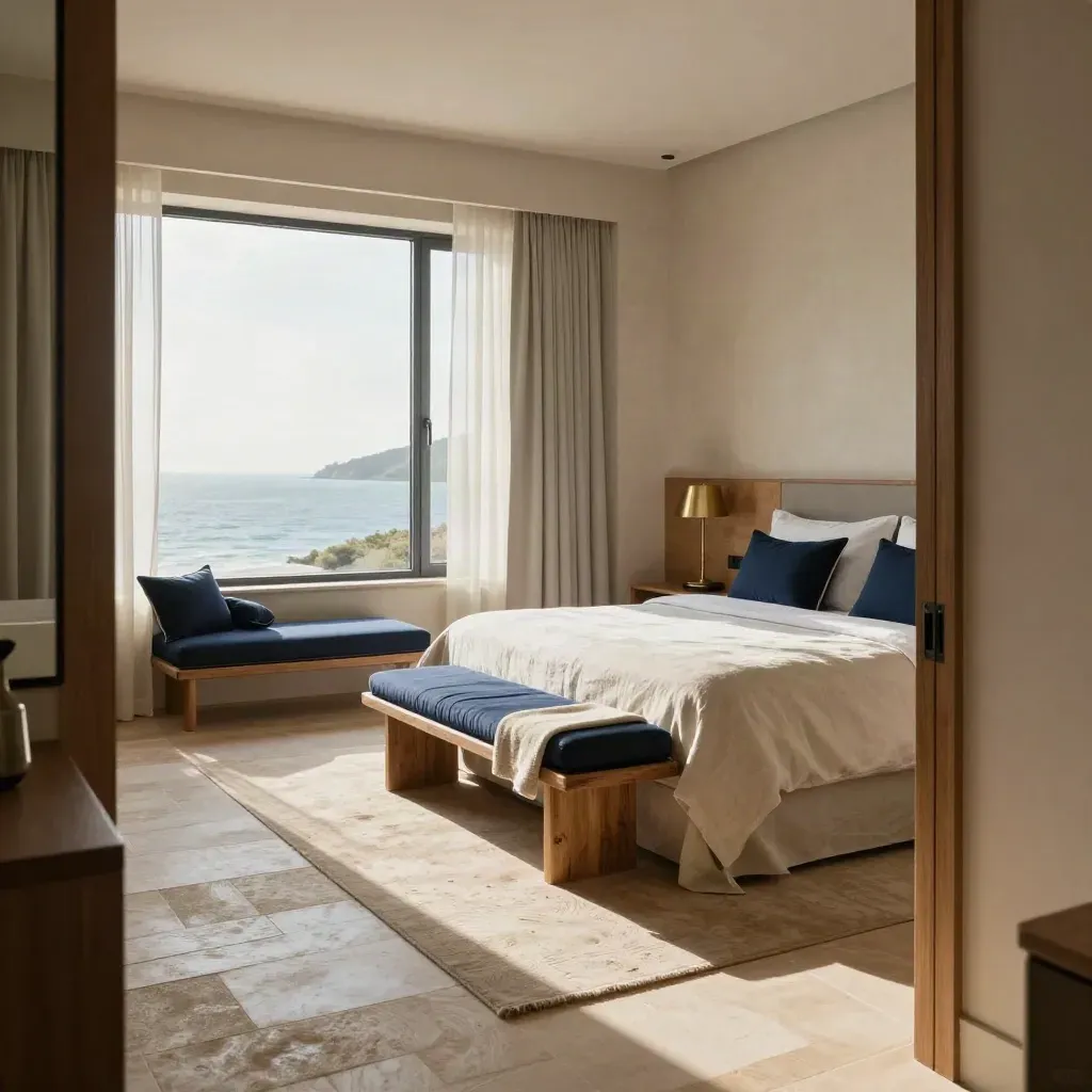 Bay-view family suite with king bed, twin alcove, low bench and lifted curtains in morning light.