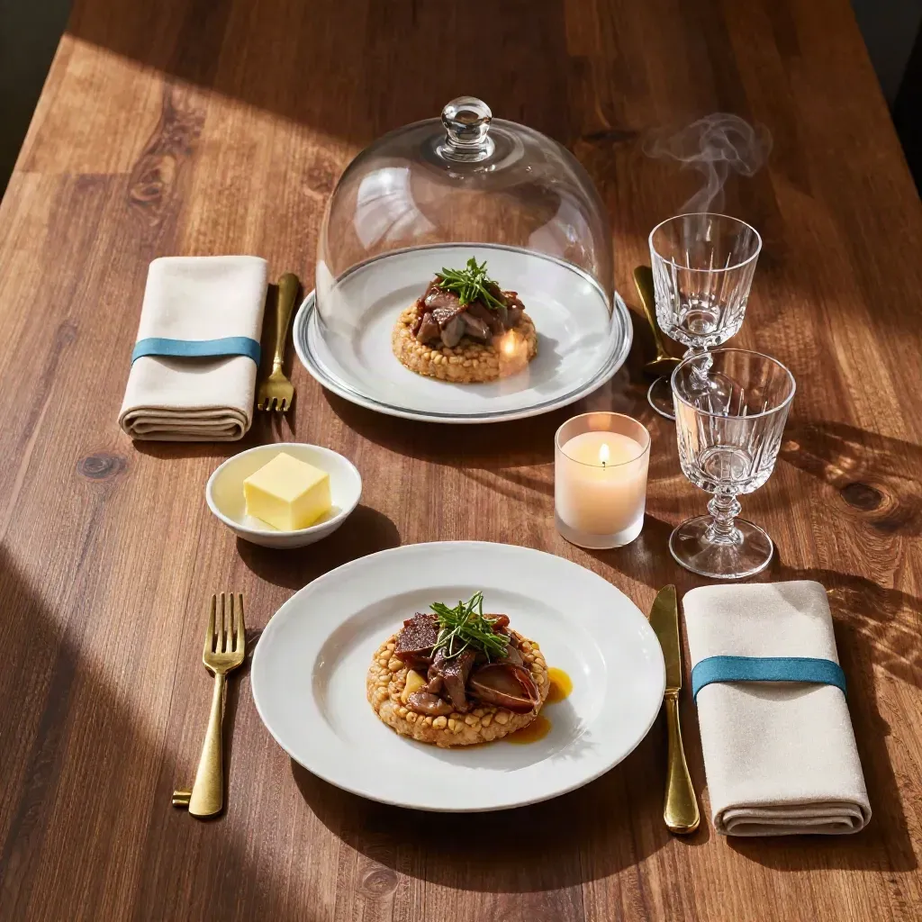 Overhead dinner-for-two flatlay with plated main, cloche, candle, stemware and napkins on dark wood.