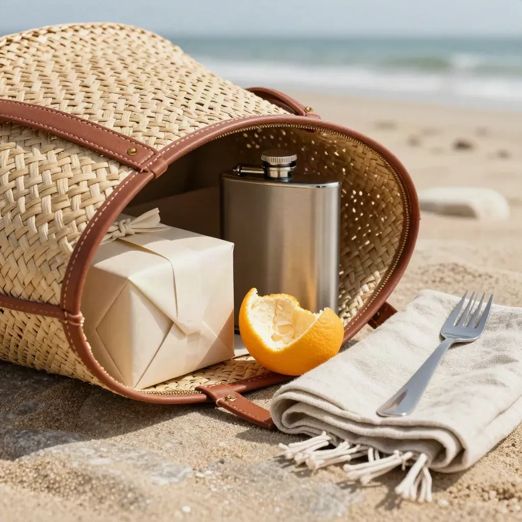 Macro picnic pack with woven beach bag, flask, citrus, linen napkin and cutlery on stone.