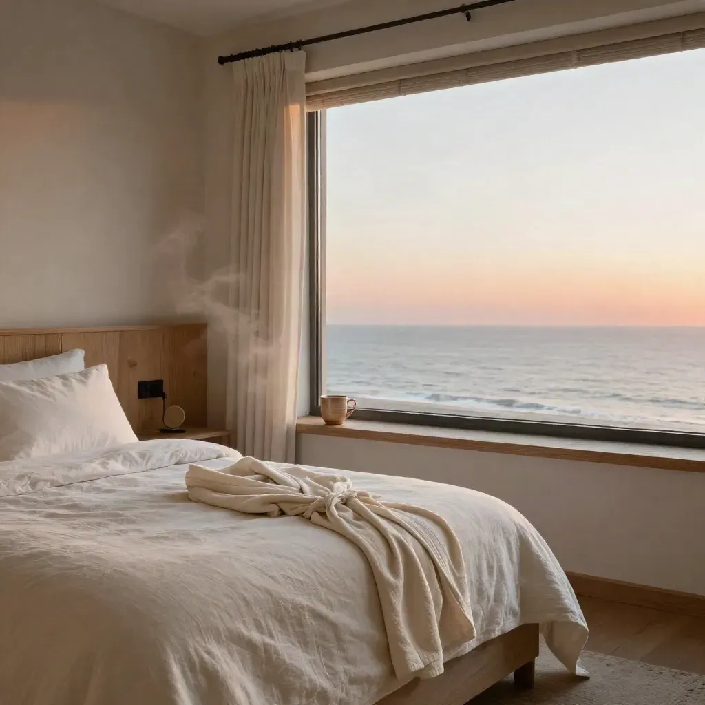 Sunrise-lit seaside room with pale linen bed, robe, mug, open blind and horizon glow.