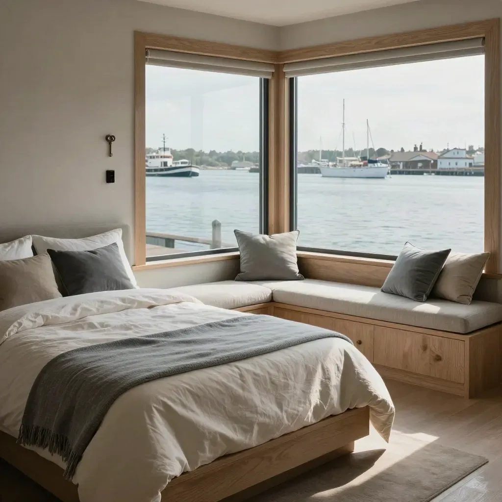 Harbour-view room with twin beds, window seat and water light on crisp ivory bedding.