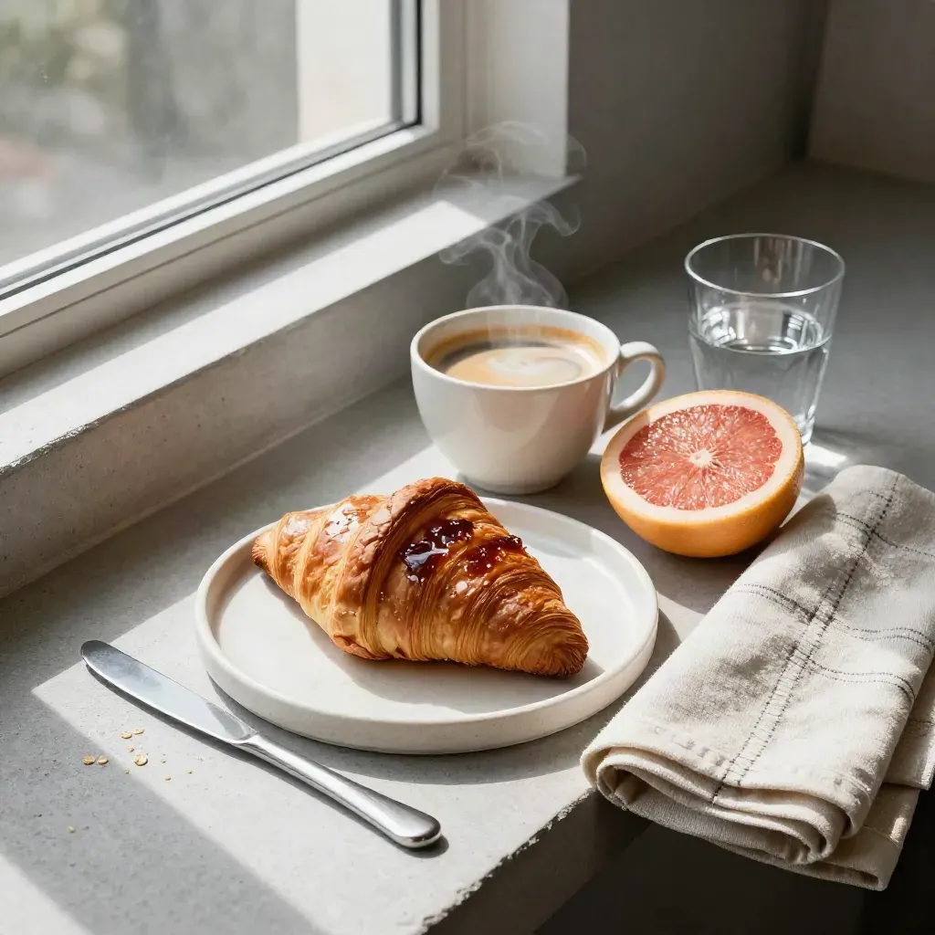 Overhead brunch flatlay with pastry plate, coffee, grapefruit, water glass and linen napkin.