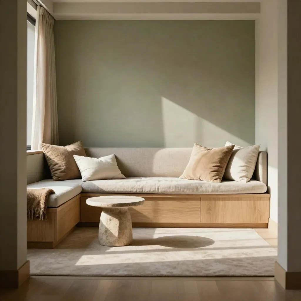 Sunlit family-suite lounge with built-in window seat, throws, cushions and soft plaster.