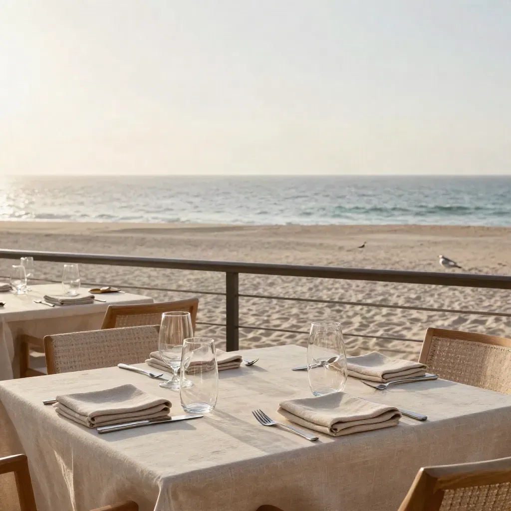 Empty coastal dining terrace with pale tables, glassware and golden light over the sea