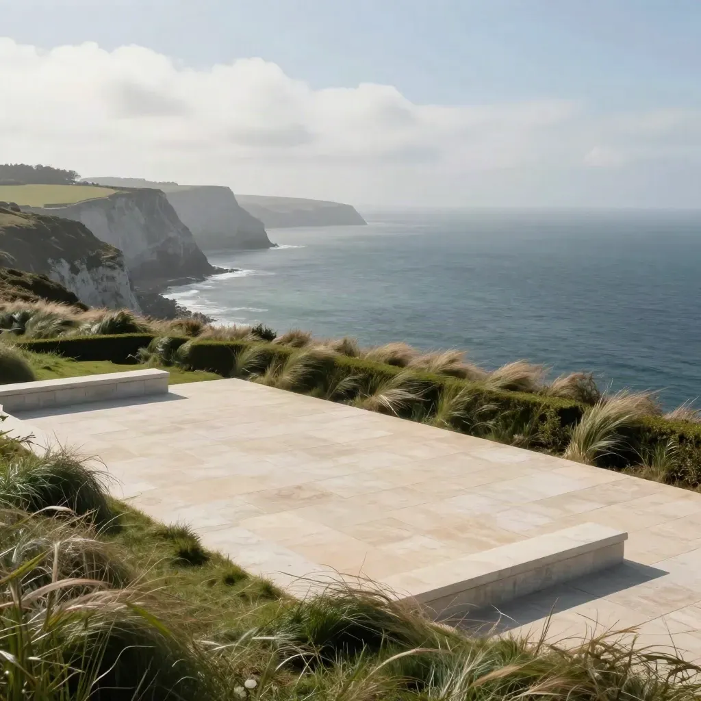 Clifftop terrace and bay under shifting cloud shadow, with grass and hedges in the wind