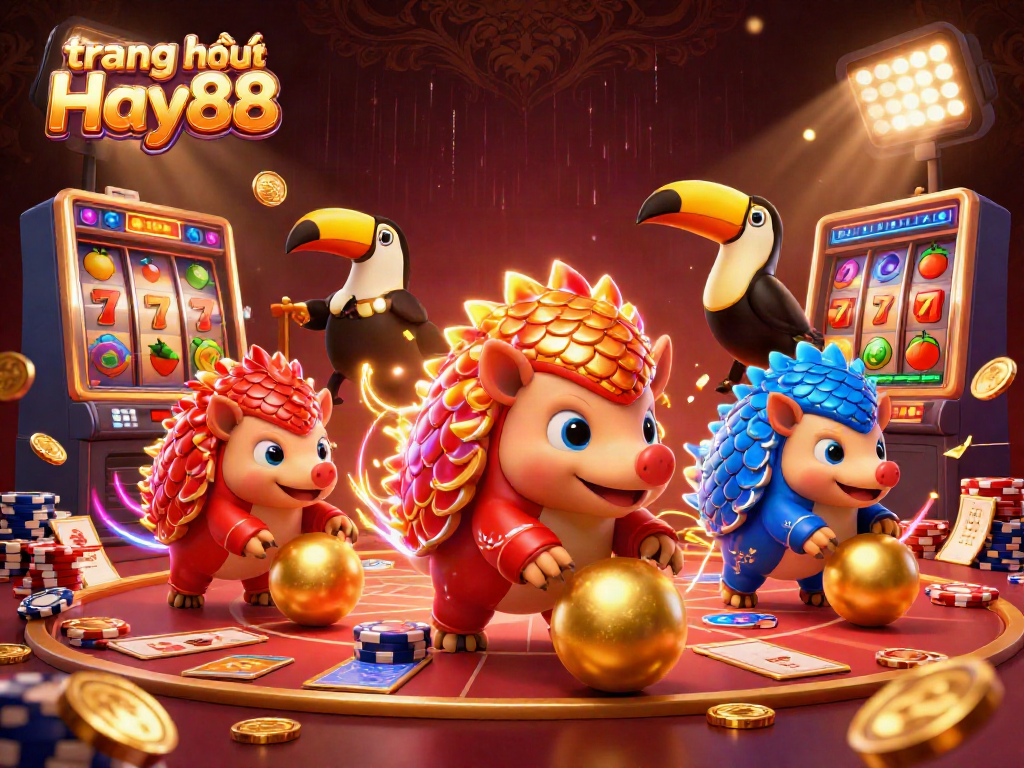 Engaging scene of rival pangolins in colorful armor bowling through poker chips on the trang chủ Hay88 platform, showcasing vibrant casino dynamics.
