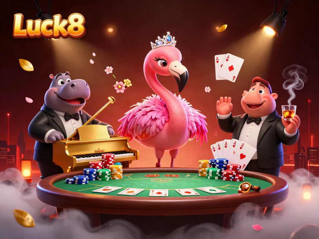 Join the vibrant Luck8 casino scene with a flamingo singer and hippo bassist, surrounded by poker elements.