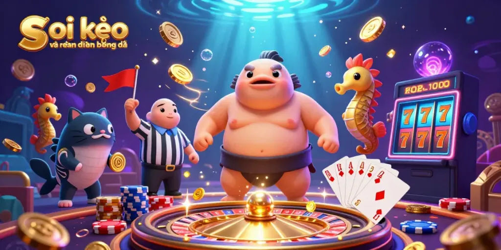 Spectacular underwater scene featuring the fugu in a sumo outfit among casino elements for soi kèo và nhận định bóng đá.