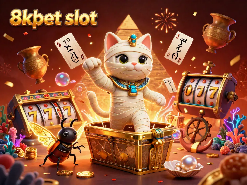 Experience 8xbet slot excitement with a cartoon Egyptian mummy cat and treasures bursting in a dazzling casino.