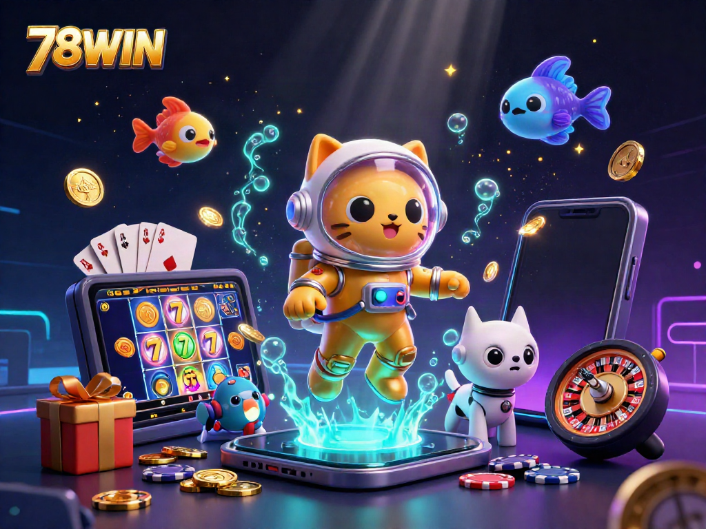 Experience thrilling slot games with 78WIN through a vibrant cosmic casino adventure featuring floating characters.