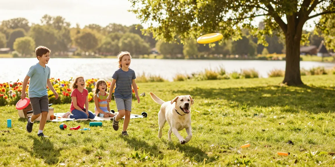 Happy Mega Labrador Retrievers playing in the park with kids, showcasing family bonding.