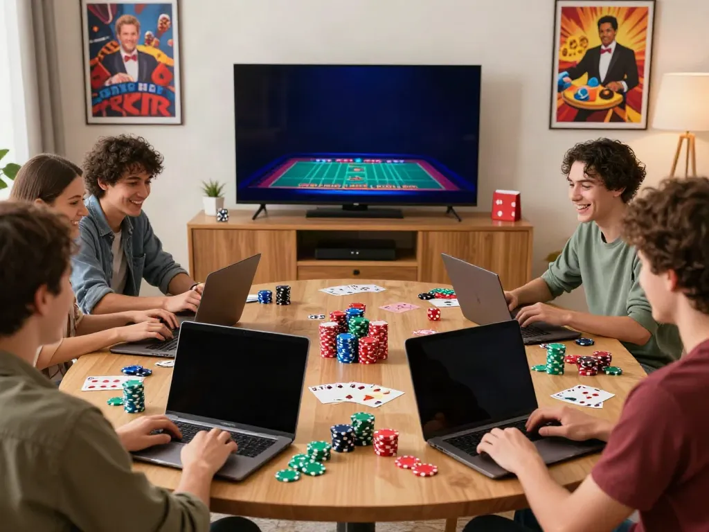 Friends enjoying casino games at home, highlighting gambling sites not on gamstop for an engaging experience.