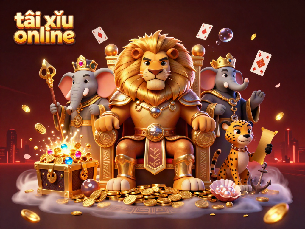 Tài xỉu online gameplay scene with a lion king, an elephant advisor, and a cheetah messenger among rich casino elements